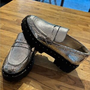 SCHUTZ Silver Crackle Loafers with Black Soles